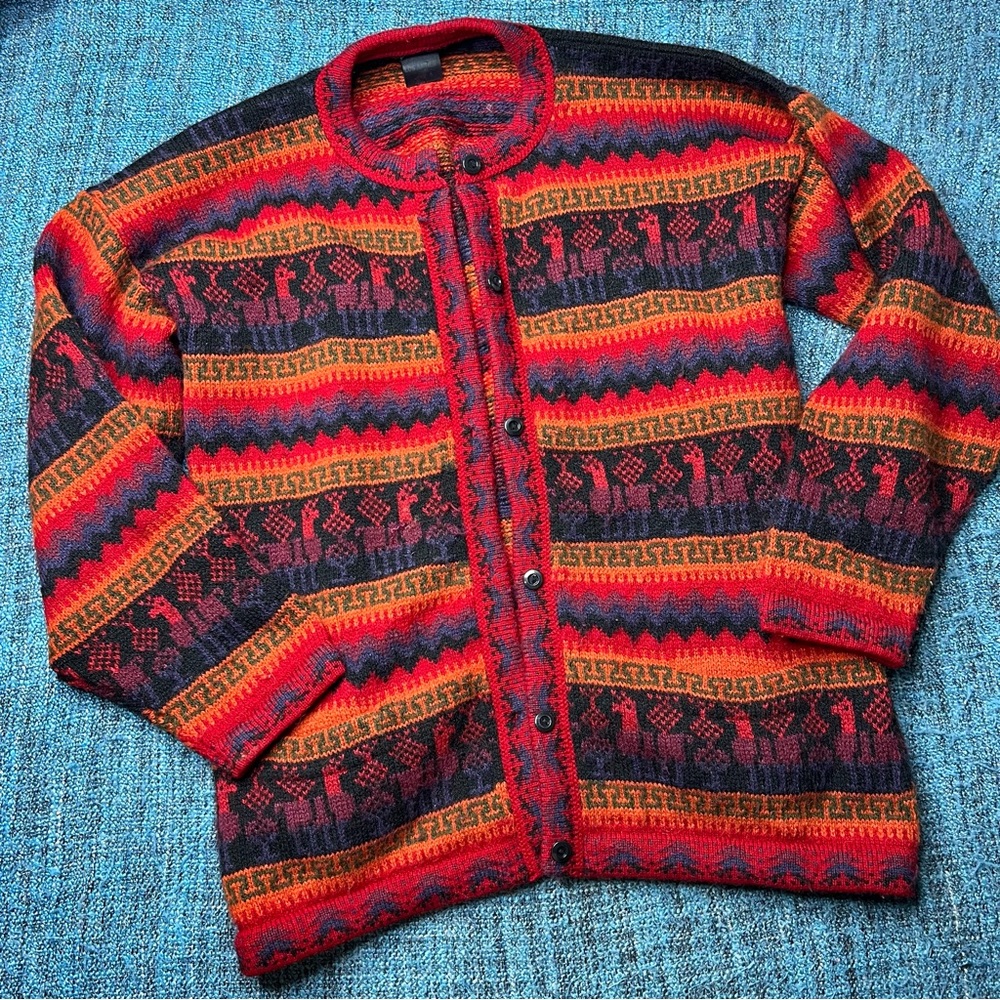 Artesania Los Andes 100% Alpaca Cardigan Sweater in Red Orange Blue